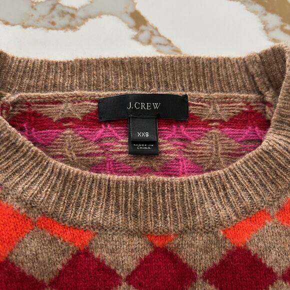 J Crew Sweater Pullover 100% Lambs Wool Brown Multi Diamond Pattern SZXXS - Picture 8 of 12